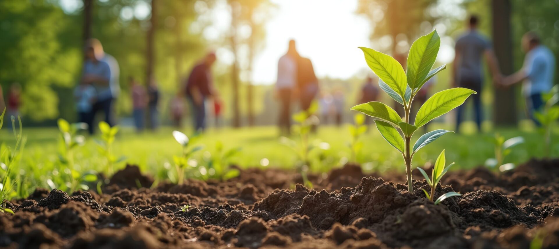 A young seedling in focus while a community gathers softly in the background