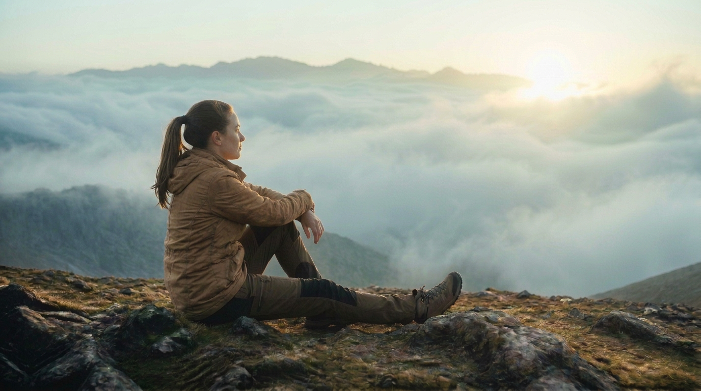 A young woman resting on a rocky summit, gazing across a misty dawn valley